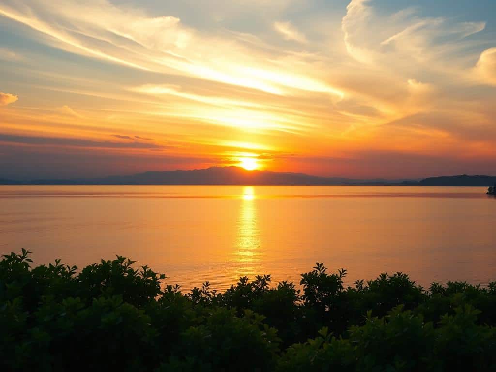 Sonnenuntergang am See mit leichter Bewölkung