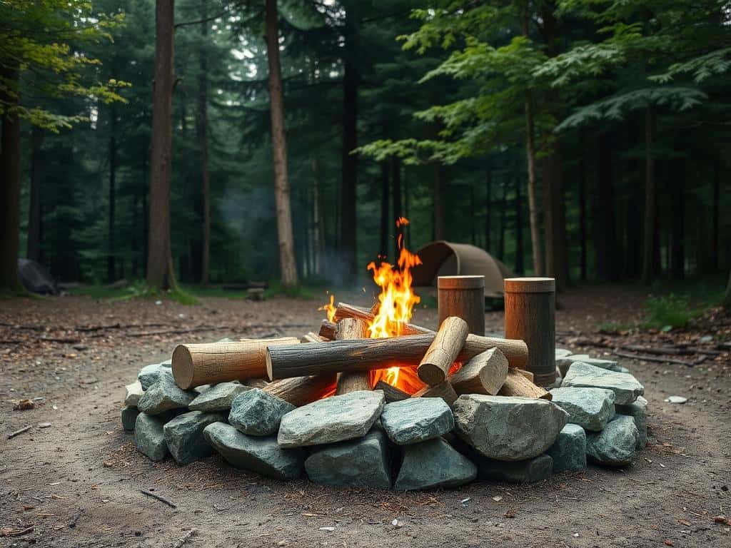 Feuerstelle mit Holz und Steinen