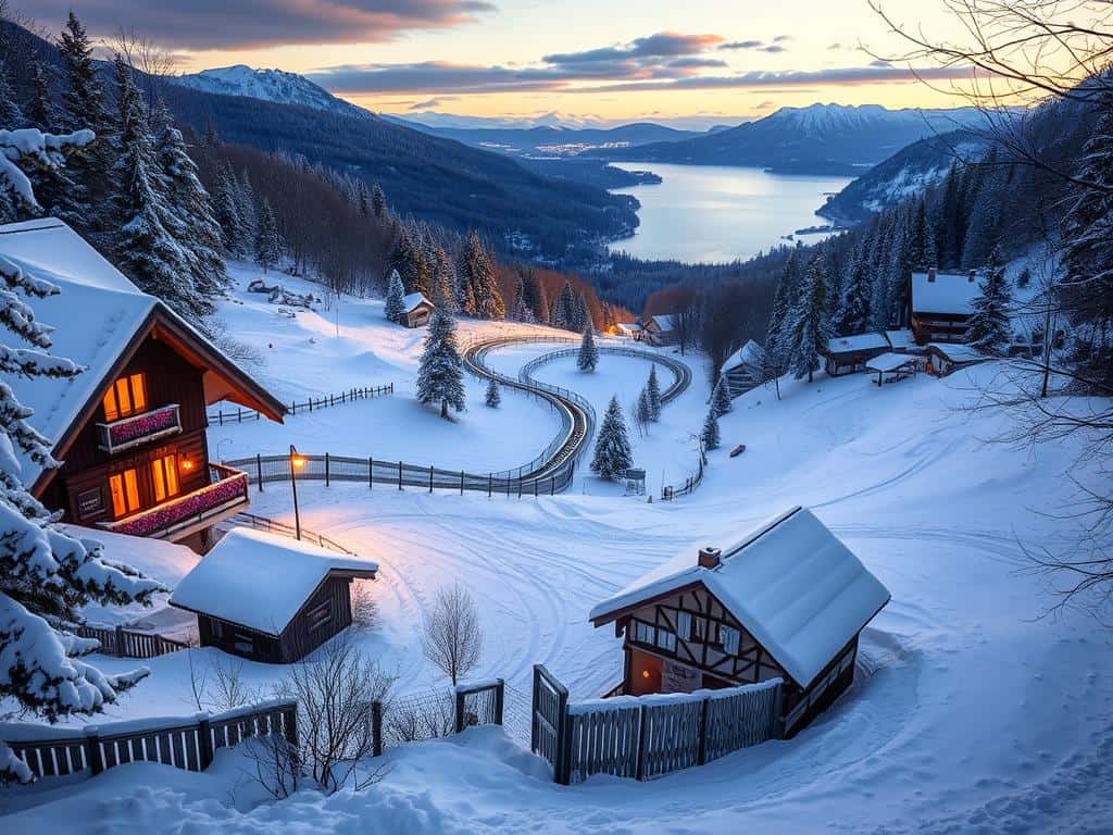 Rodelbahn mit Gasthof im Winter