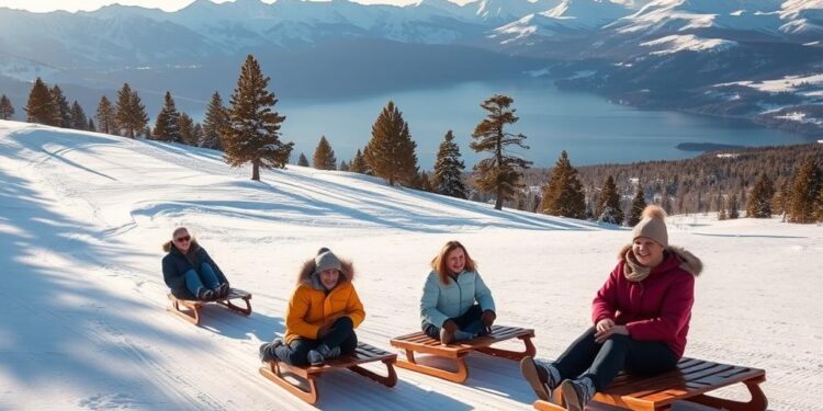 Rodeln am Hang mit Seeblick