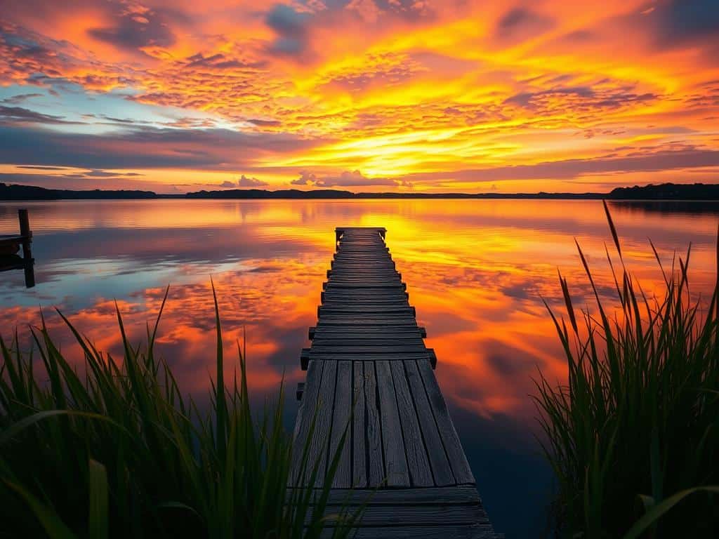 Wandbild Sonnenuntergang See