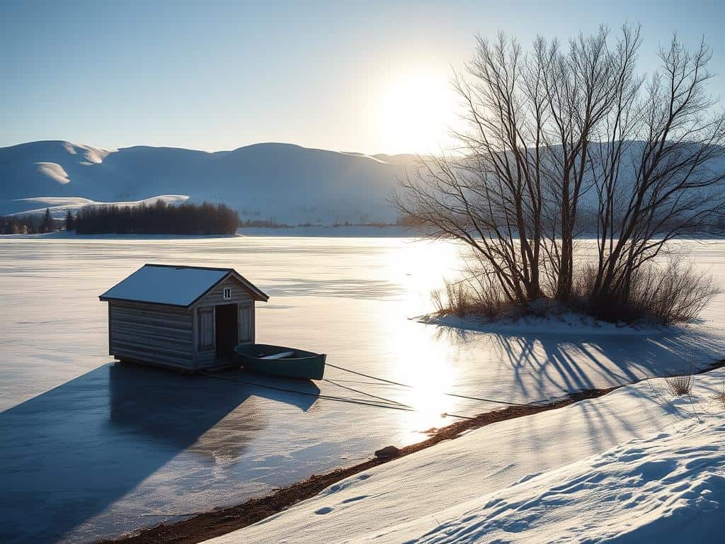 Winterliche Seenlandschaft mit Bootshäusern