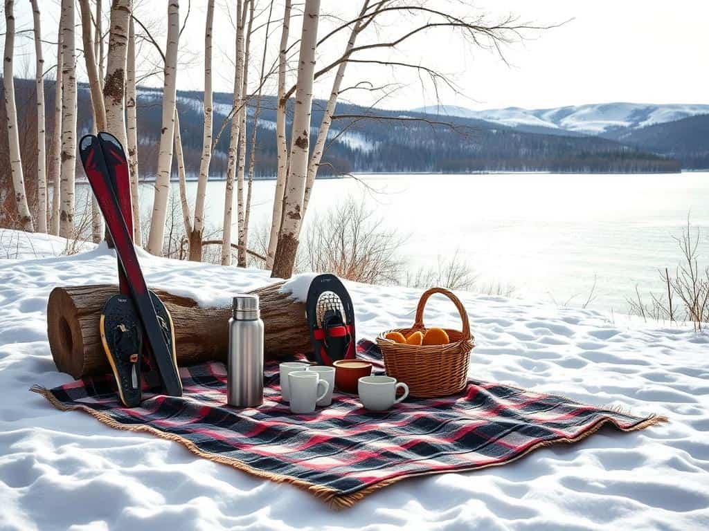 Winterpicknick Ausrüstung am See