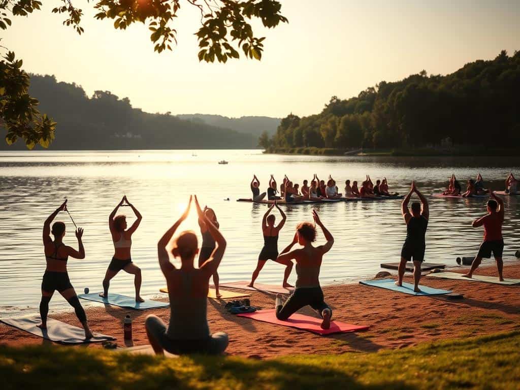 Yoga-Gruppen am Seeufer