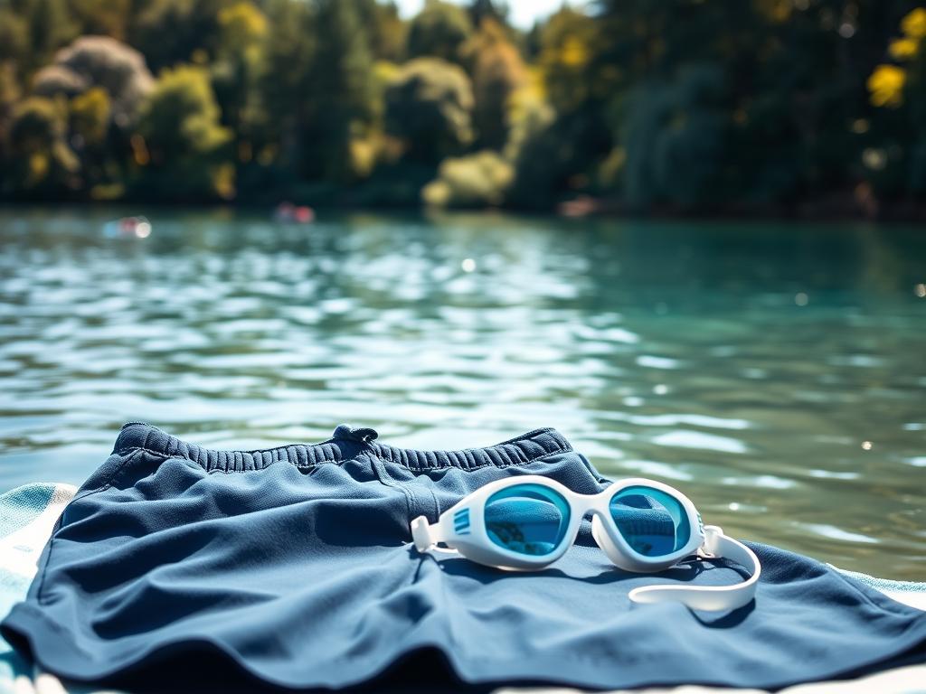 Badehose und Schwimmbrille für Seen