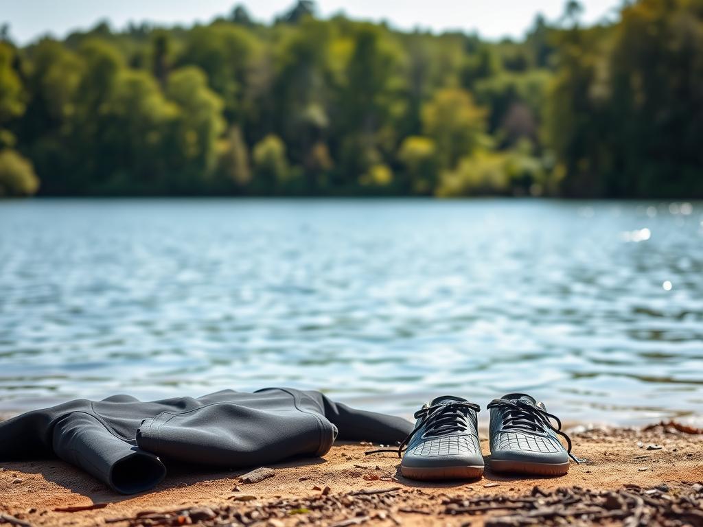 Neoprenanzug und Schwimmschuhe am See