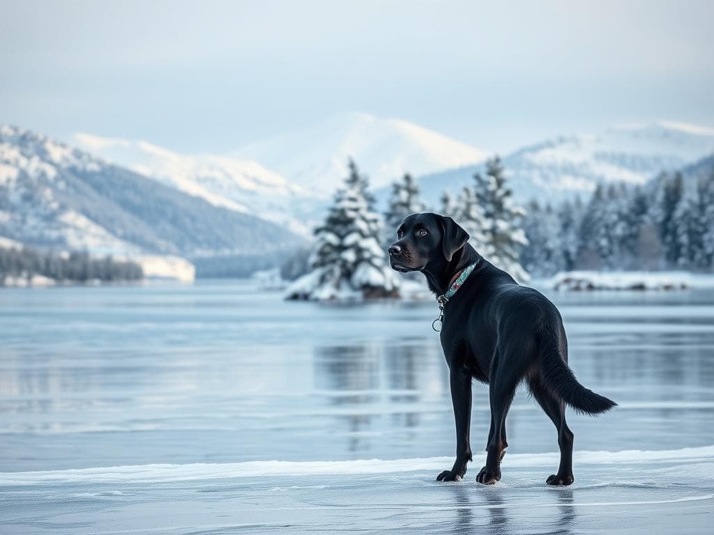 Winterlandschaft See mit Hund