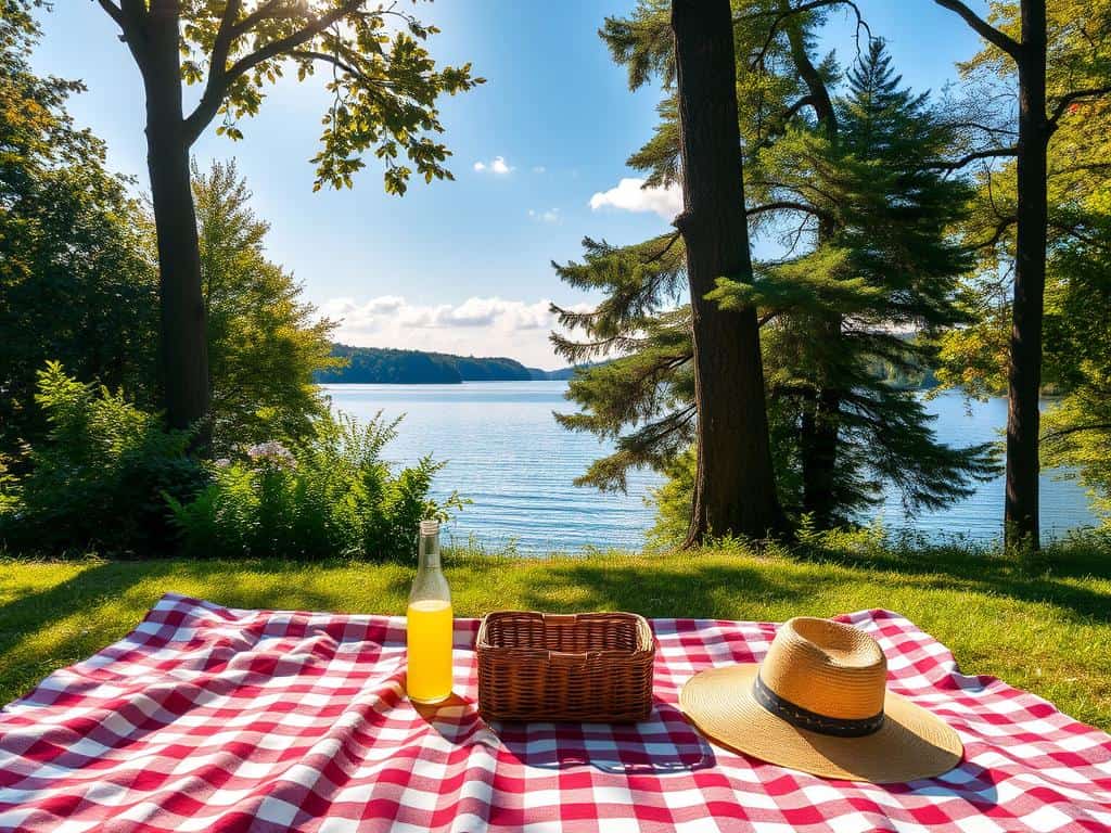 Picknickausrüstung am Seeufer