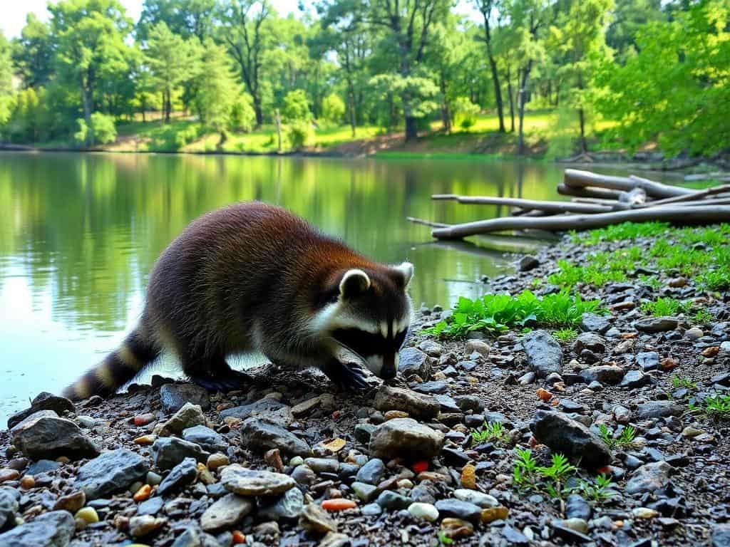 Waschbär Nahrungssuche am Seeufer