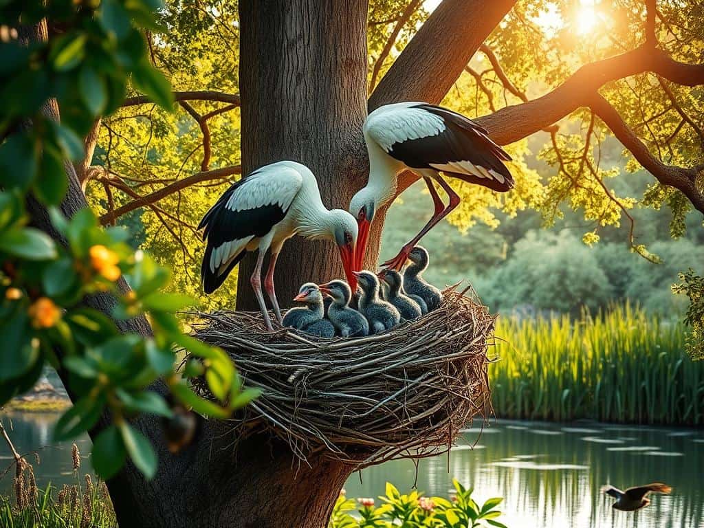 Schwarzstörche füttern Jungvögel im Nest